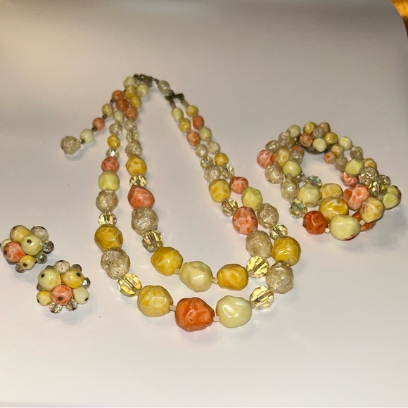 Jewelry - Deauville Multicolored Two-Strand Lucite Bead Necklace Earring Bracelet Vintage